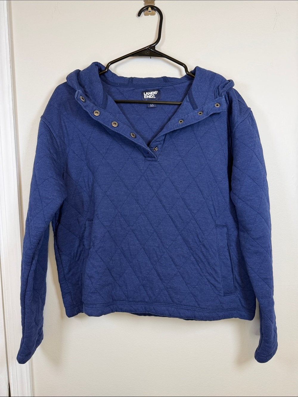 Lands’ End Quilted Pullover Hoodie Navy Blue Cotton Blend Anorak Sweatshirt M